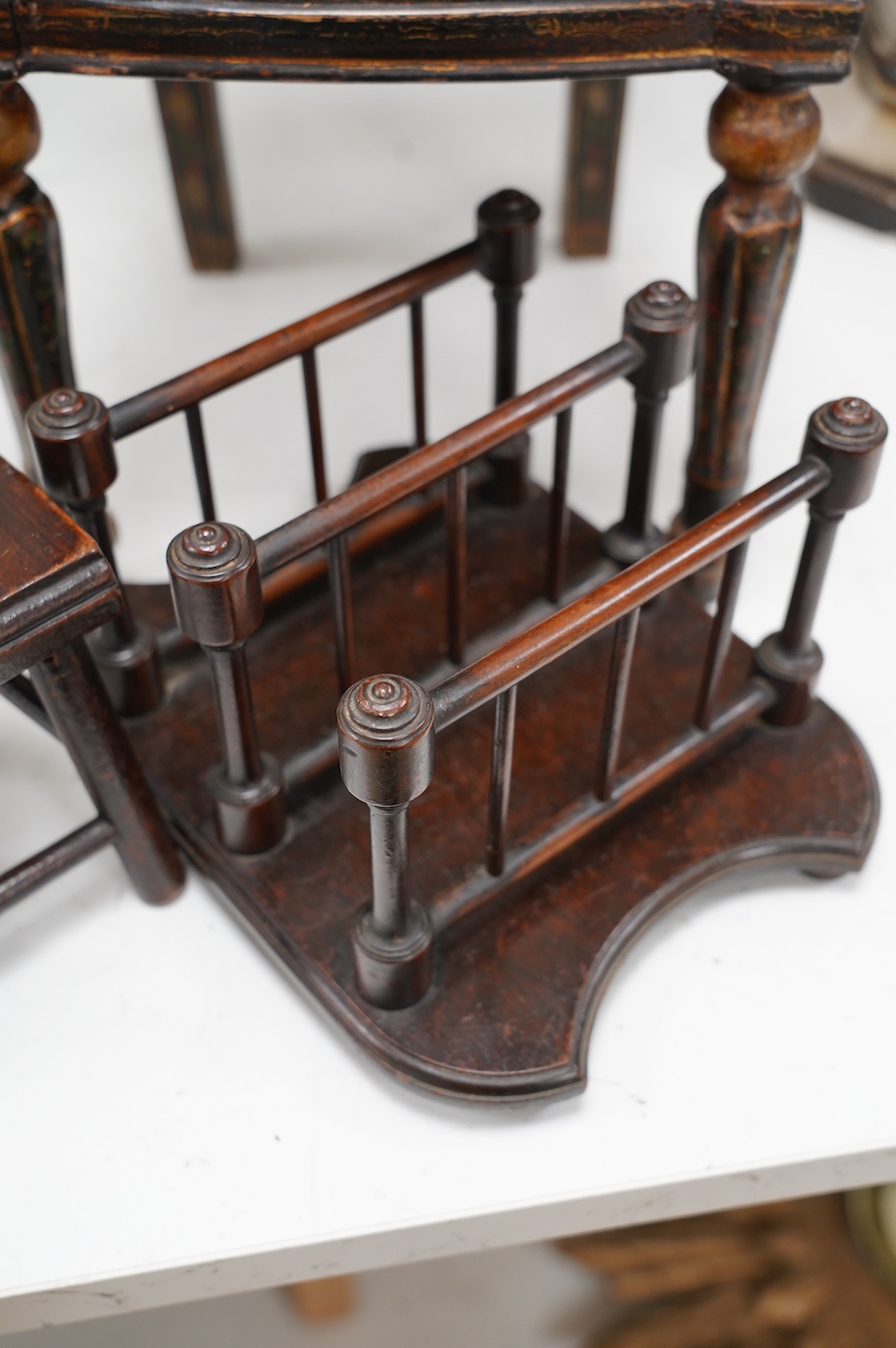 Two miniature single chairs and a spindle turned stationery rack, largest 45cm high. Condition - fair, largest chair repaired